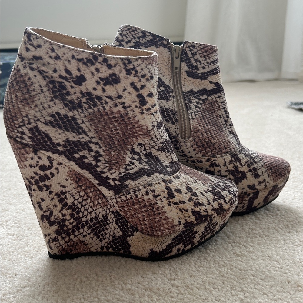 Snake Print Wedge Ankle Boots - Size 8